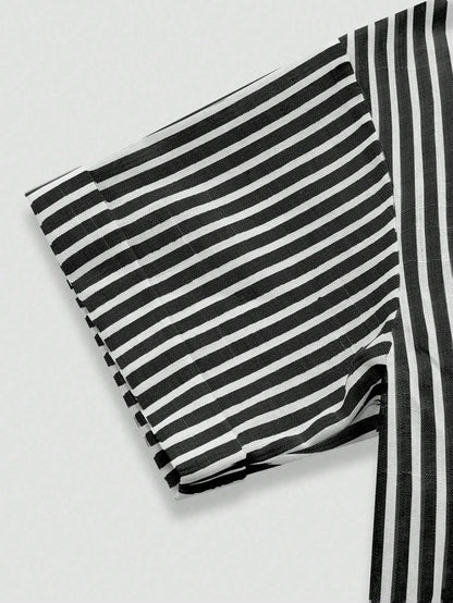 Flirla Striped Cropped Women Loose Casual Turnover Cuff Short Sleeve Drop Shoulder Shirt, Linen Blend