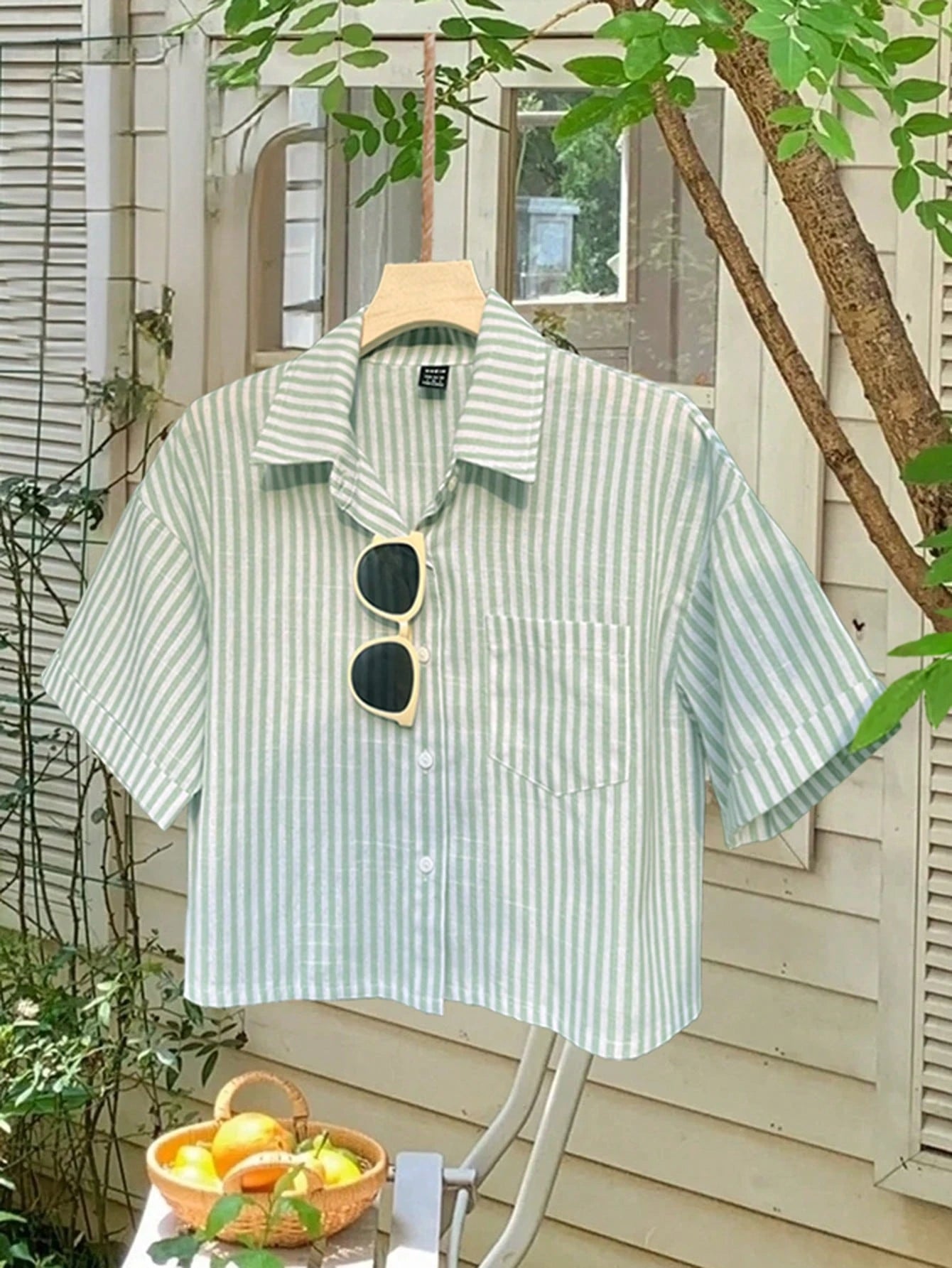 Flirla Striped Cropped Women Loose Casual Turnover Cuff Short Sleeve Drop Shoulder Shirt, Linen Blend