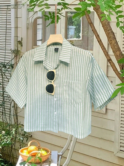 Flirla Striped Cropped Women Loose Casual Turnover Cuff Short Sleeve Drop Shoulder Shirt, Linen Blend
