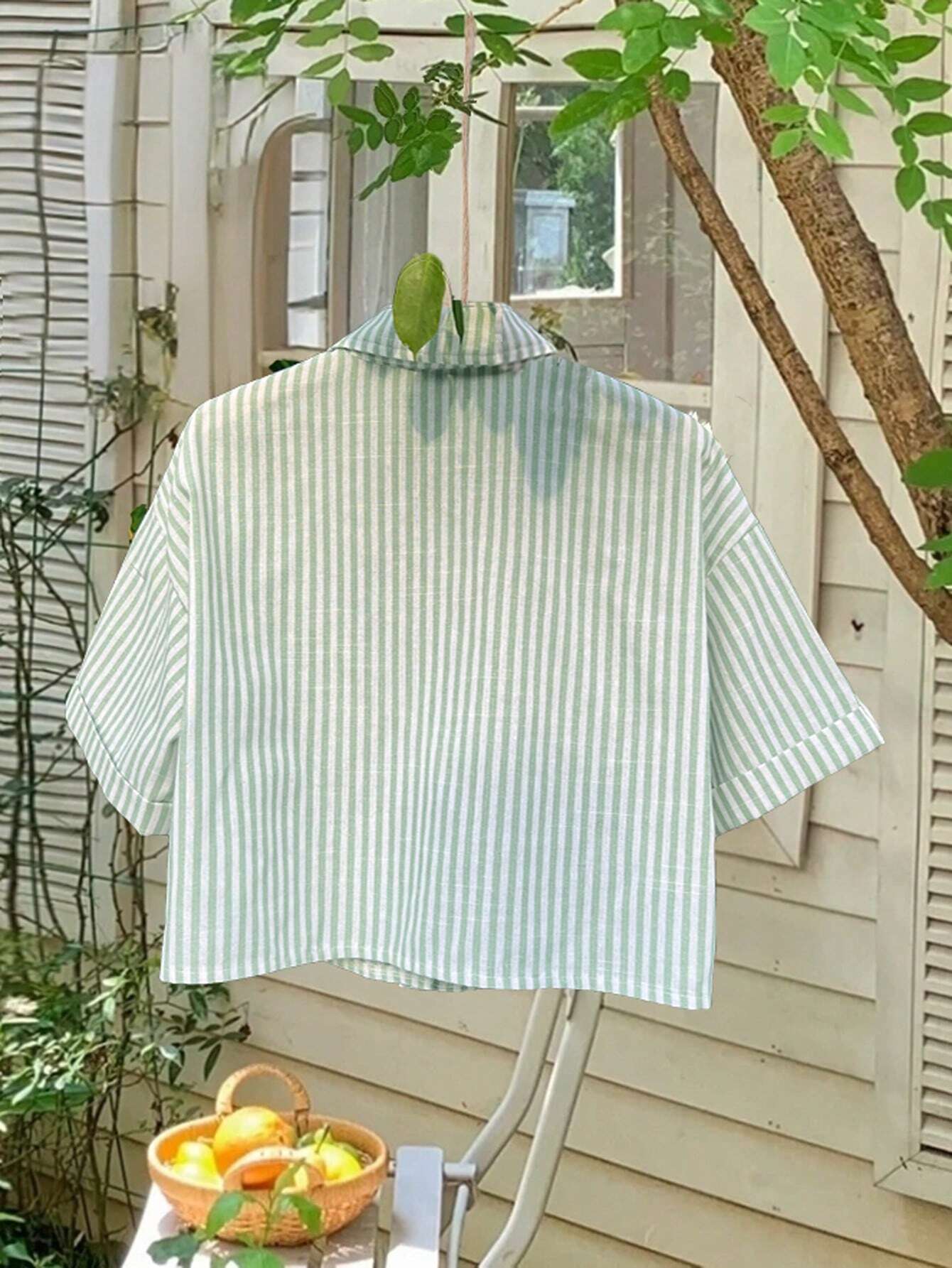 Flirla Striped Cropped Women Loose Casual Turnover Cuff Short Sleeve Drop Shoulder Shirt, Linen Blend