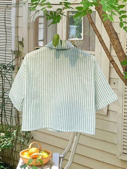 Flirla Striped Cropped Women Loose Casual Turnover Cuff Short Sleeve Drop Shoulder Shirt, Linen Blend