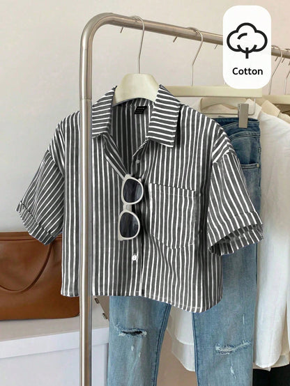 Flirla Striped Cropped Women Loose Casual Turnover Cuff Short Sleeve Drop Shoulder Shirt, Linen Blend