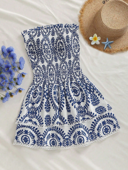 Flirla Women's White Floral Summer Boho Holiday Vacation Holiday Navy Open Shoulder Ruched Elastic Cinched Waist Hollow-Out Embroidered Ruffled A-Line Dress