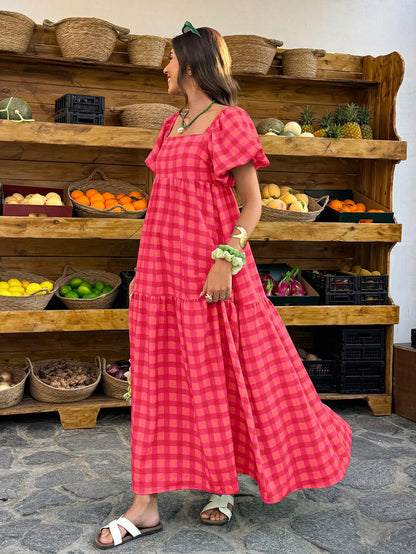Flora Isola Flora Isola Women's Plaid Square Neck Puff Sleeve Maxi Dress,Retro Bohemian Style For Picnic,Holiday,Daily,Pink And Red,Summer,Modest,Holiday,Picnic,Holiday