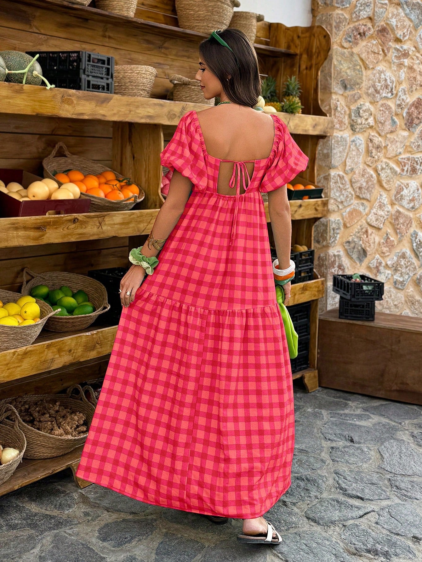 Flora Isola Flora Isola Women's Plaid Square Neck Puff Sleeve Maxi Dress,Retro Bohemian Style For Picnic,Holiday,Daily,Pink And Red,Summer,Modest,Holiday,Picnic,Holiday
