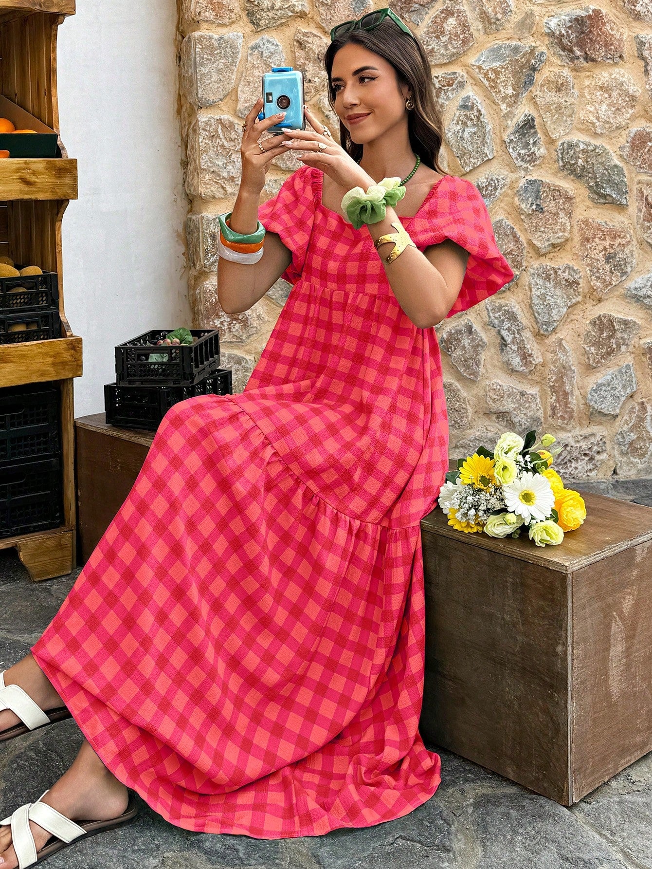 Flora Isola Flora Isola Women's Plaid Square Neck Puff Sleeve Maxi Dress,Retro Bohemian Style For Picnic,Holiday,Daily,Pink And Red,Summer,Modest,Holiday,Picnic,Holiday