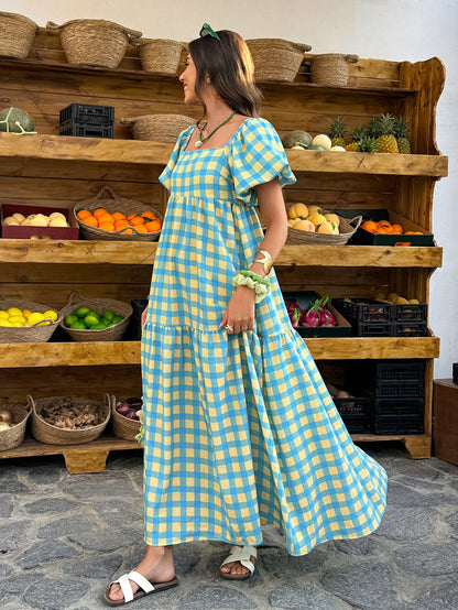 Flora Isola Flora Isola Women's Plaid Square Neck Puff Sleeve Maxi Dress,Retro Bohemian Style For Picnic,Holiday,Daily,Pink And Red,Summer,Modest,Holiday,Picnic,Holiday