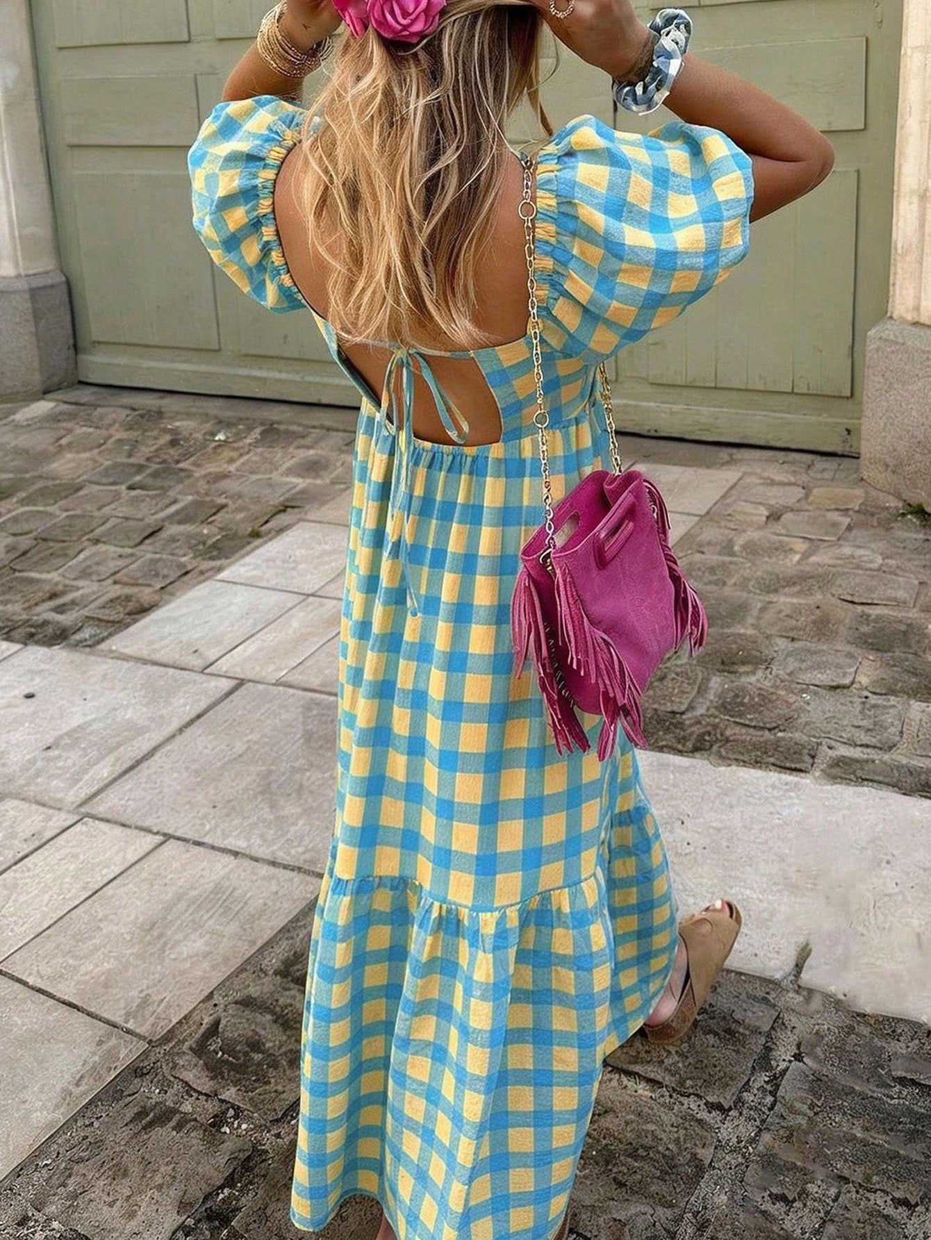 Flora Isola Flora Isola Women's Plaid Square Neck Puff Sleeve Maxi Dress,Retro Bohemian Style For Picnic,Holiday,Daily,Pink And Red,Summer,Modest,Holiday,Picnic,Holiday