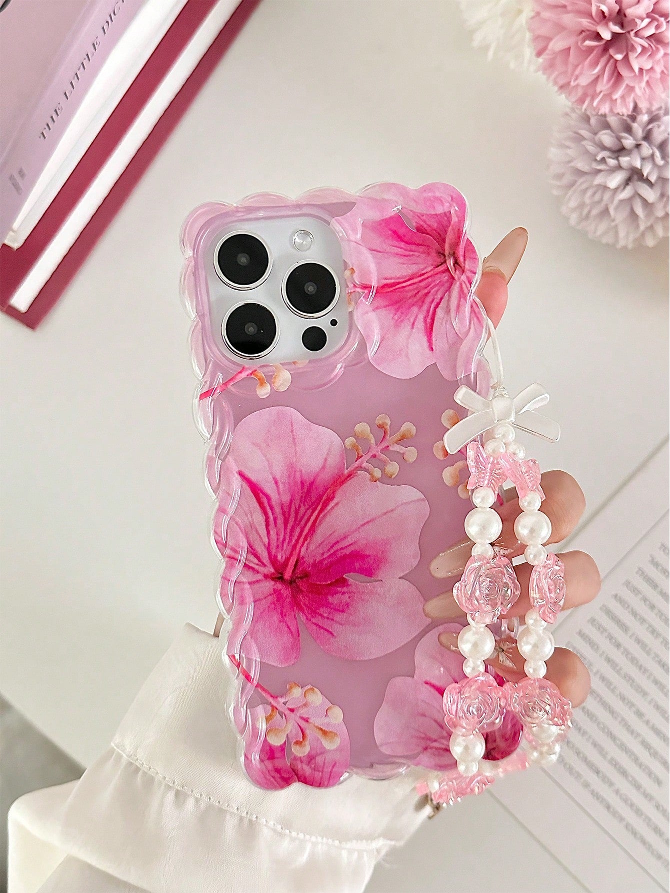Floral Pattern Painted Braided Transparent Bracelet Phone Case, Flat Printed, Anti-Drop Shockproof Scratch Resistant, Compatible With 16, 16 Pro, 16 Pro Max, 16 Plus, 14, 15, Xs, Xr, 7, 8, Plus, S25