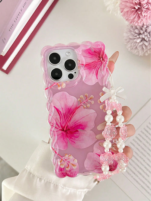 Floral Pattern Painted Braided Transparent Bracelet Phone Case, Flat Printed, Anti-Drop Shockproof Scratch Resistant, Compatible With 16, 16 Pro, 16 Pro Max, 16 Plus, 14, 15, Xs, Xr, 7, 8, Plus, S25
