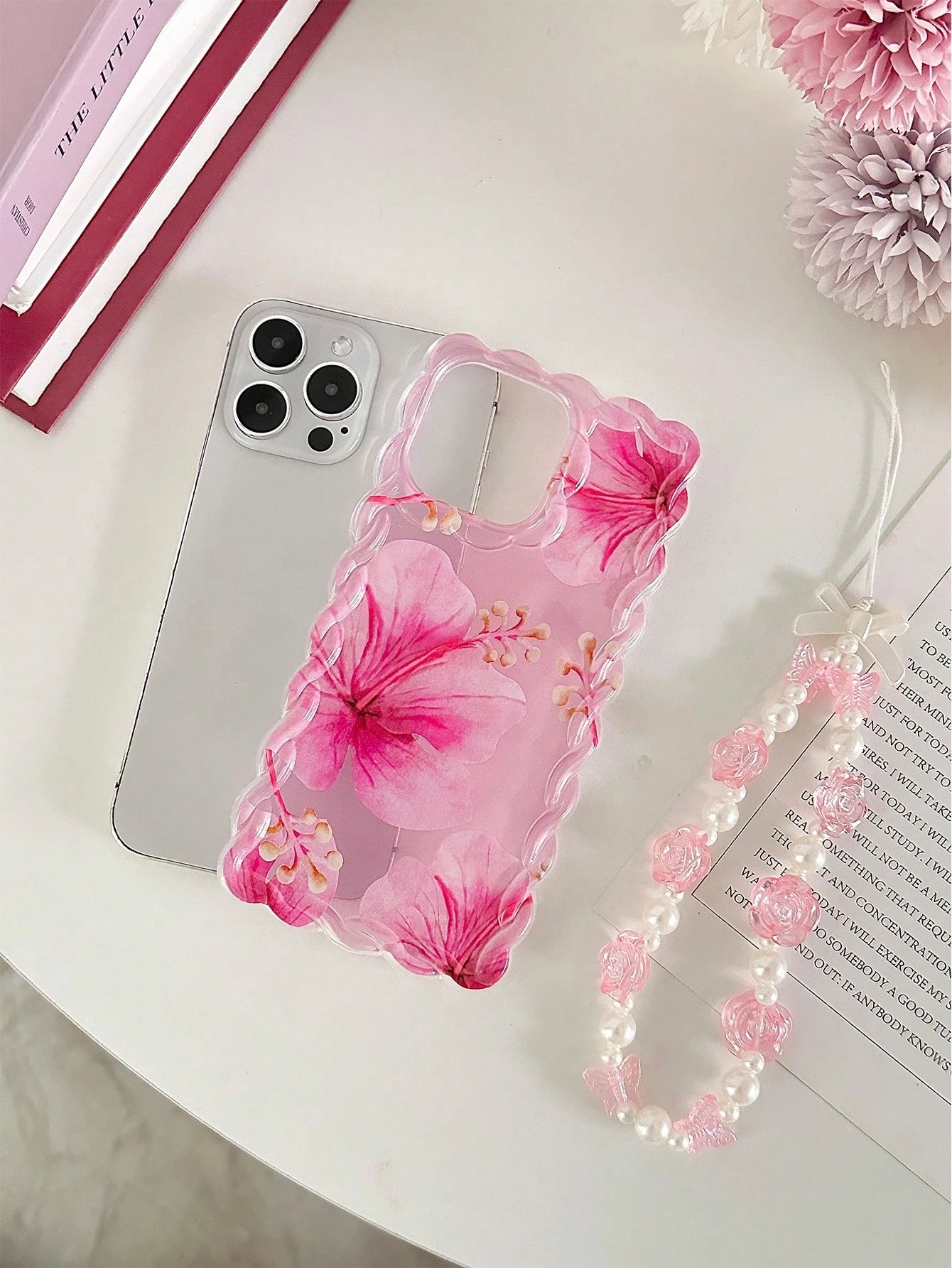 Floral Pattern Painted Braided Transparent Bracelet Phone Case, Flat Printed, Anti-Drop Shockproof Scratch Resistant, Compatible With 16, 16 Pro, 16 Pro Max, 16 Plus, 14, 15, Xs, Xr, 7, 8, Plus, S25