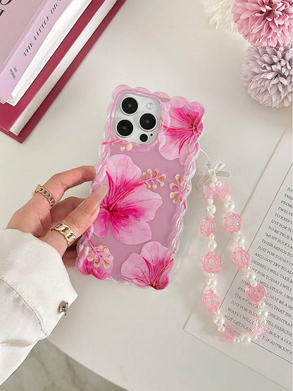 Floral Pattern Painted Braided Transparent Bracelet Phone Case, Flat Printed, Anti-Drop Shockproof Scratch Resistant, Compatible With 16, 16 Pro, 16 Pro Max, 16 Plus, 14, 15, Xs, Xr, 7, 8, Plus, S25