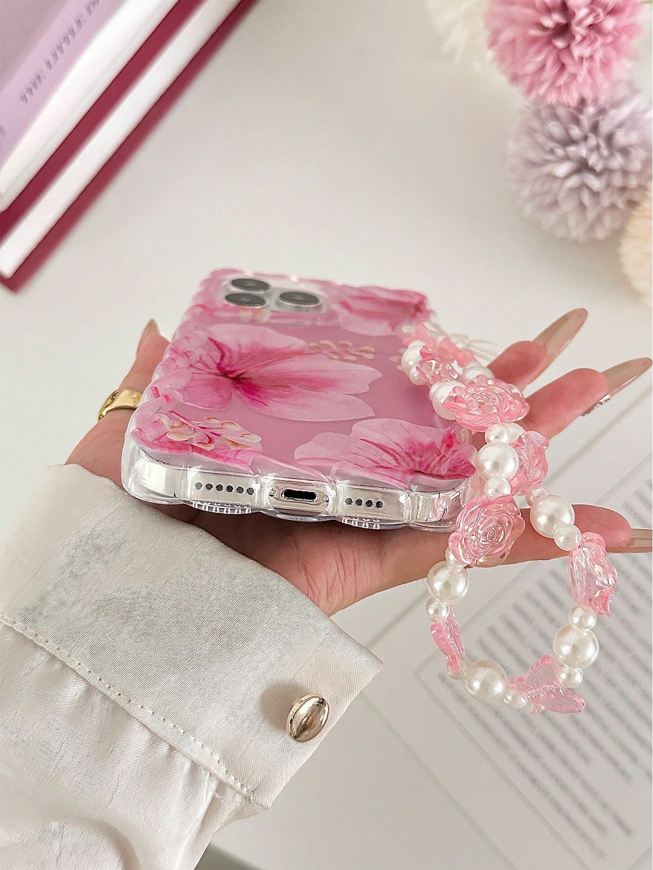 Floral Pattern Painted Braided Transparent Bracelet Phone Case, Flat Printed, Anti-Drop Shockproof Scratch Resistant, Compatible With 16, 16 Pro, 16 Pro Max, 16 Plus, 14, 15, Xs, Xr, 7, 8, Plus, S25