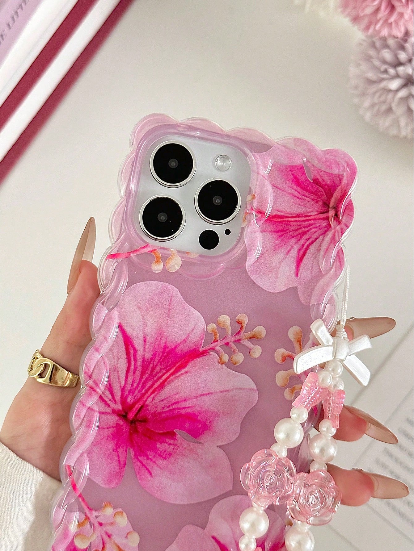 Floral Pattern Painted Braided Transparent Bracelet Phone Case, Flat Printed, Anti-Drop Shockproof Scratch Resistant, Compatible With 16, 16 Pro, 16 Pro Max, 16 Plus, 14, 15, Xs, Xr, 7, 8, Plus, S25