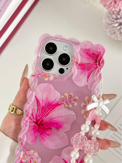 Floral Pattern Painted Braided Transparent Bracelet Phone Case, Flat Printed, Anti-Drop Shockproof Scratch Resistant, Compatible With 16, 16 Pro, 16 Pro Max, 16 Plus, 14, 15, Xs, Xr, 7, 8, Plus, S25
