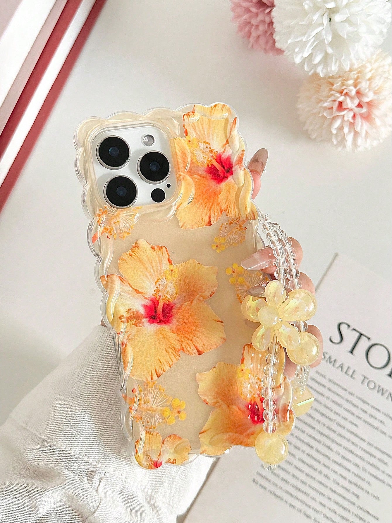 Floral Pattern Painted Braided Transparent Bracelet Phone Case, Flat Printed, Anti-Drop Shockproof Scratch Resistant, Compatible With 16, 16 Pro, 16 Pro Max, 16 Plus, 14, 15, Xs, Xr, 7, 8, Plus, S25