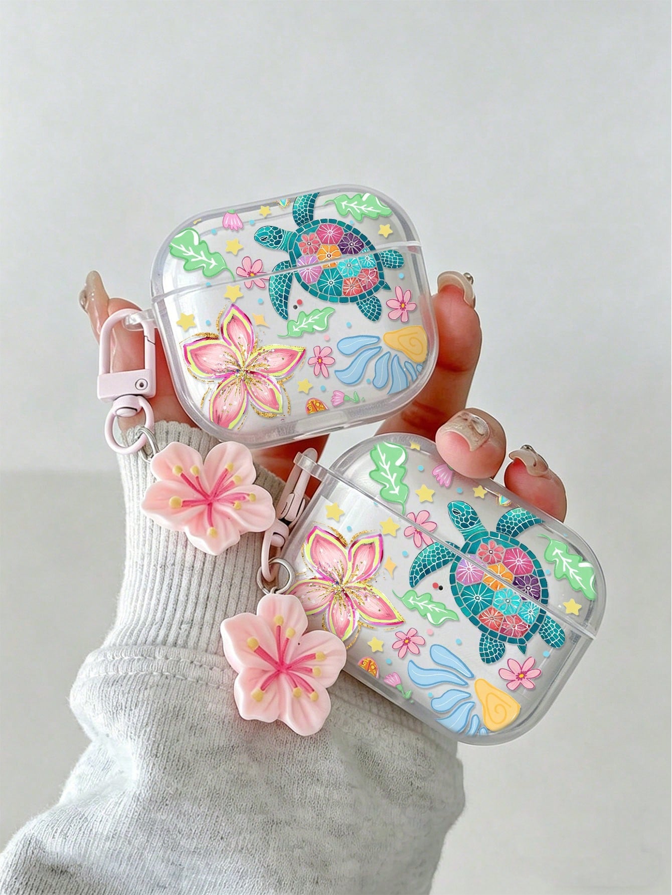 Flower Sea Turtle Painted Transparent Additional Bracelet Fashion Bluetooth Earphone Case Compatible With S4 Protective Case Apple Wireless Bluetooth Earphone Shell Glossy Pro2 Full Coverage Pods 31/2