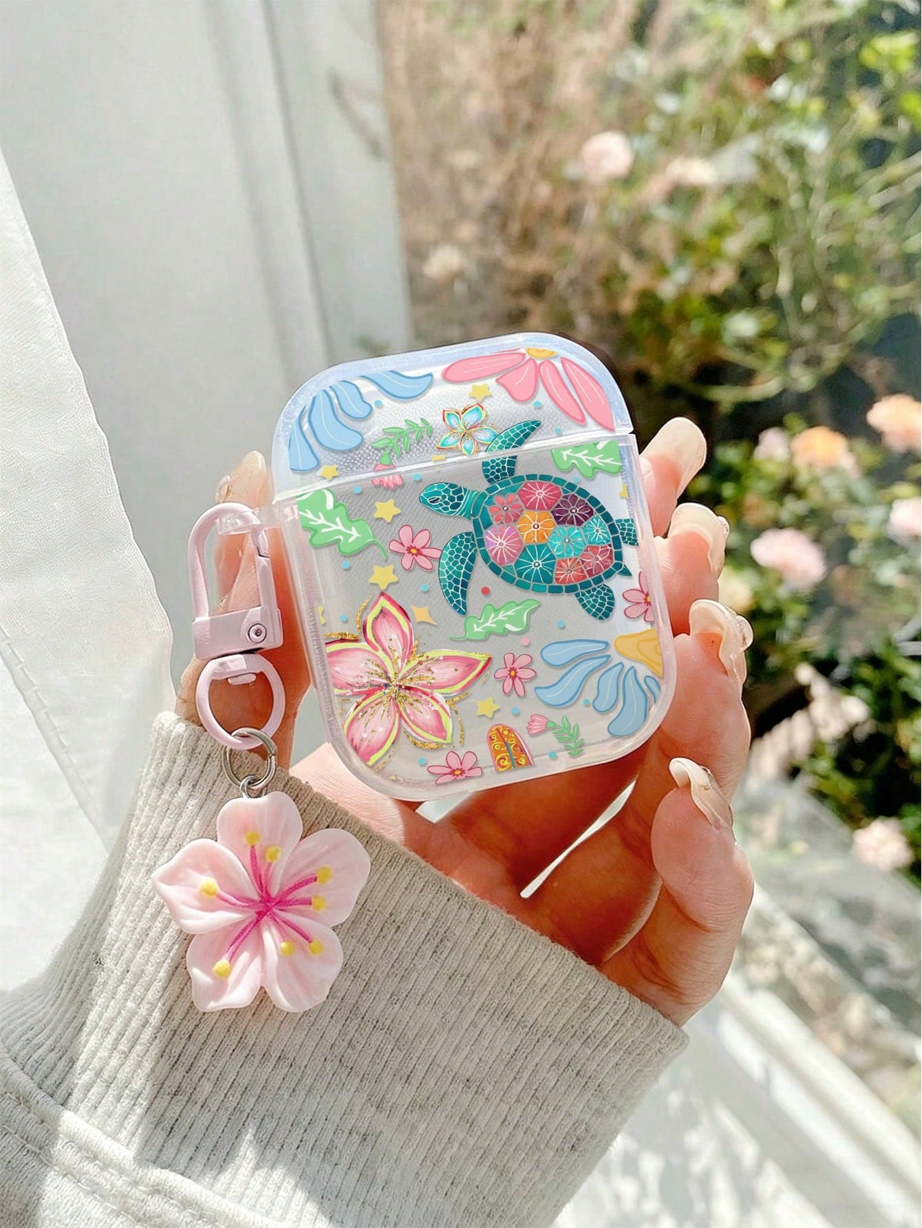 Flower Sea Turtle Painted Transparent Additional Bracelet Fashion Bluetooth Earphone Case Compatible With S4 Protective Case Apple Wireless Bluetooth Earphone Shell Glossy Pro2 Full Coverage Pods 31/2