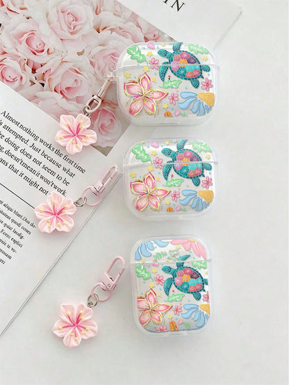 Flower Sea Turtle Painted Transparent Additional Bracelet Fashion Bluetooth Earphone Case Compatible With S4 Protective Case Apple Wireless Bluetooth Earphone Shell Glossy Pro2 Full Coverage Pods 31/2