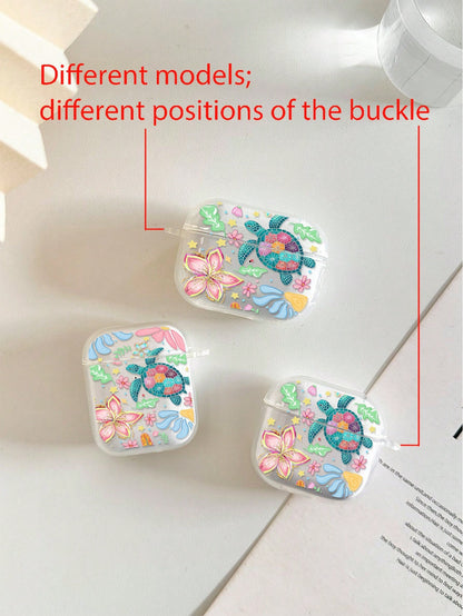 Flower Sea Turtle Painted Transparent Additional Bracelet Fashion Bluetooth Earphone Case Compatible With S4 Protective Case Apple Wireless Bluetooth Earphone Shell Glossy Pro2 Full Coverage Pods 31/2