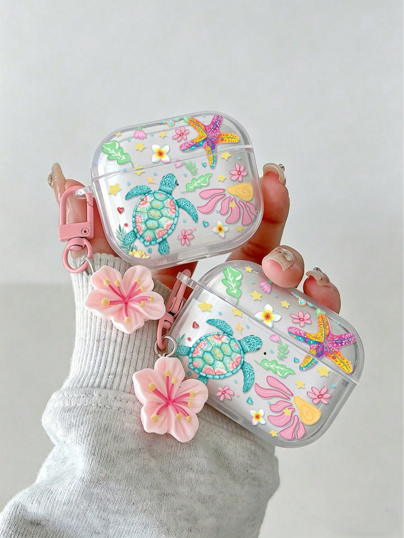 Flower Sea Turtle Painted Transparent Additional Bracelet Fashion Bluetooth Earphone Case Compatible With S4 Protective Case Apple Wireless Bluetooth Earphone Shell Glossy Pro2 Full Coverage Pods 31/2