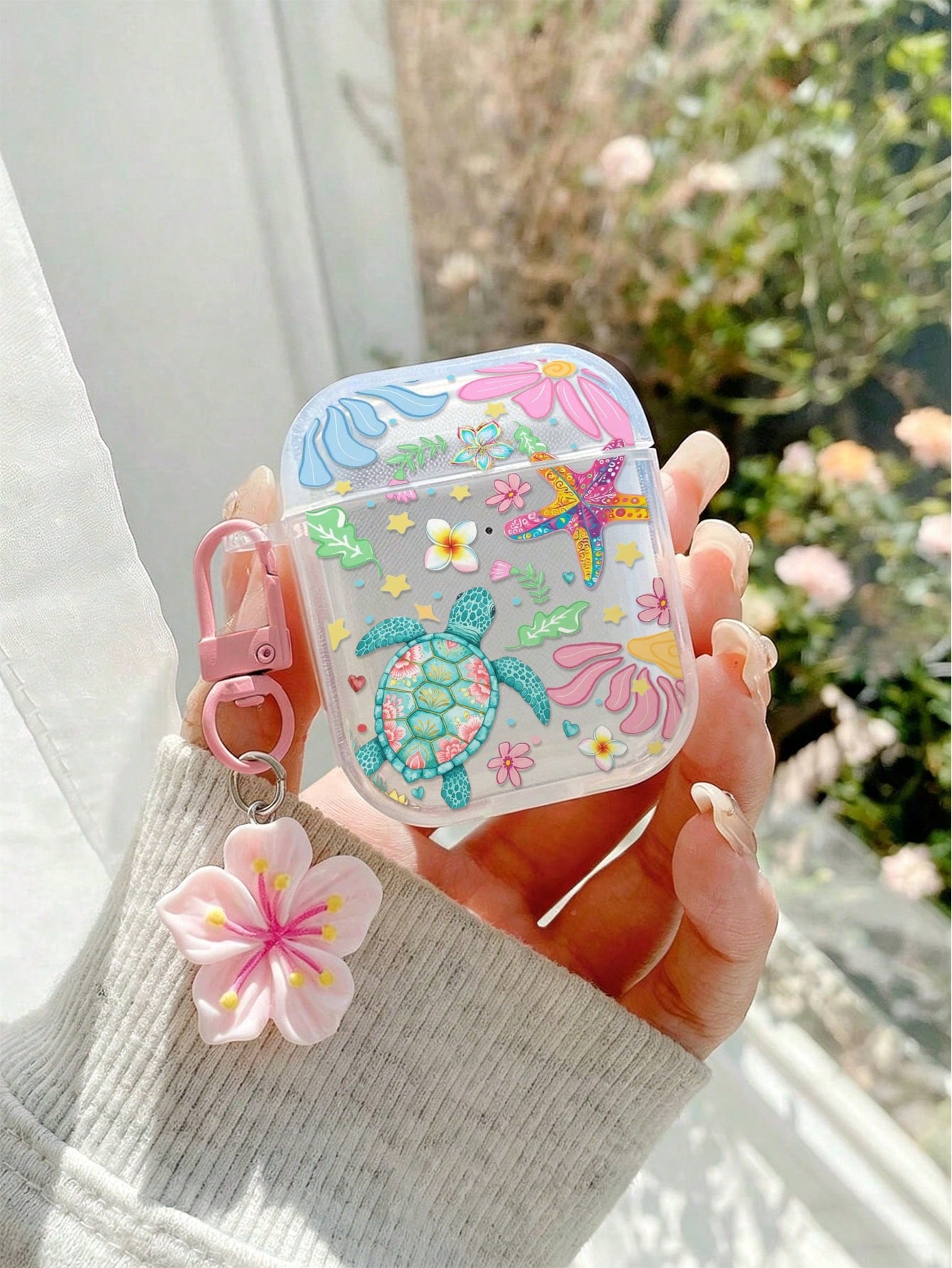 Flower Sea Turtle Painted Transparent Additional Bracelet Fashion Bluetooth Earphone Case Compatible With S4 Protective Case Apple Wireless Bluetooth Earphone Shell Glossy Pro2 Full Coverage Pods 31/2