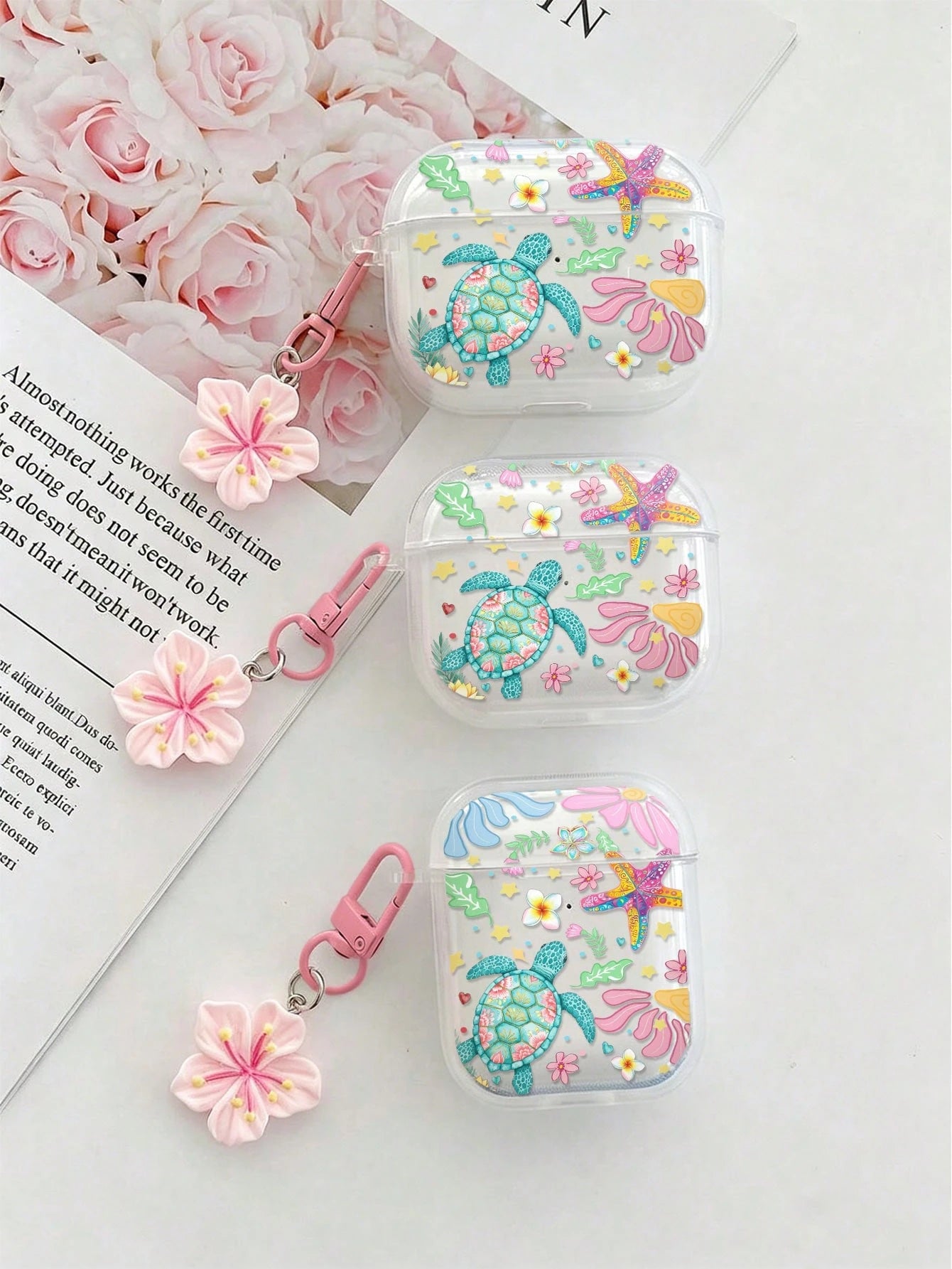 Flower Sea Turtle Painted Transparent Additional Bracelet Fashion Bluetooth Earphone Case Compatible With S4 Protective Case Apple Wireless Bluetooth Earphone Shell Glossy Pro2 Full Coverage Pods 31/2