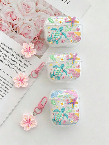 Flower Sea Turtle Painted Transparent Additional Bracelet Fashion Bluetooth Earphone Case Compatible With S4 Protective Case Apple Wireless Bluetooth Earphone Shell Glossy Pro2 Full Coverage Pods 31/2