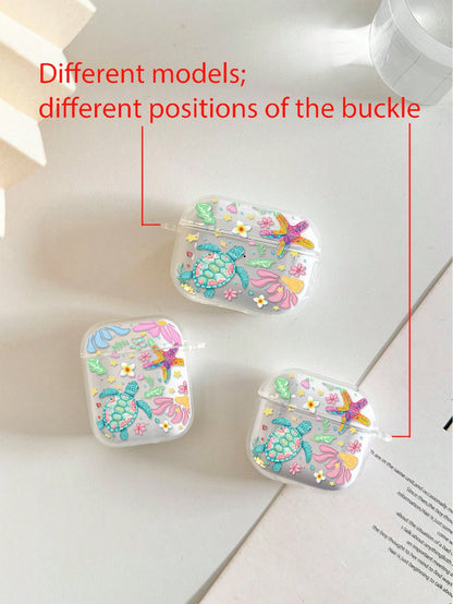 Flower Sea Turtle Painted Transparent Additional Bracelet Fashion Bluetooth Earphone Case Compatible With S4 Protective Case Apple Wireless Bluetooth Earphone Shell Glossy Pro2 Full Coverage Pods 31/2