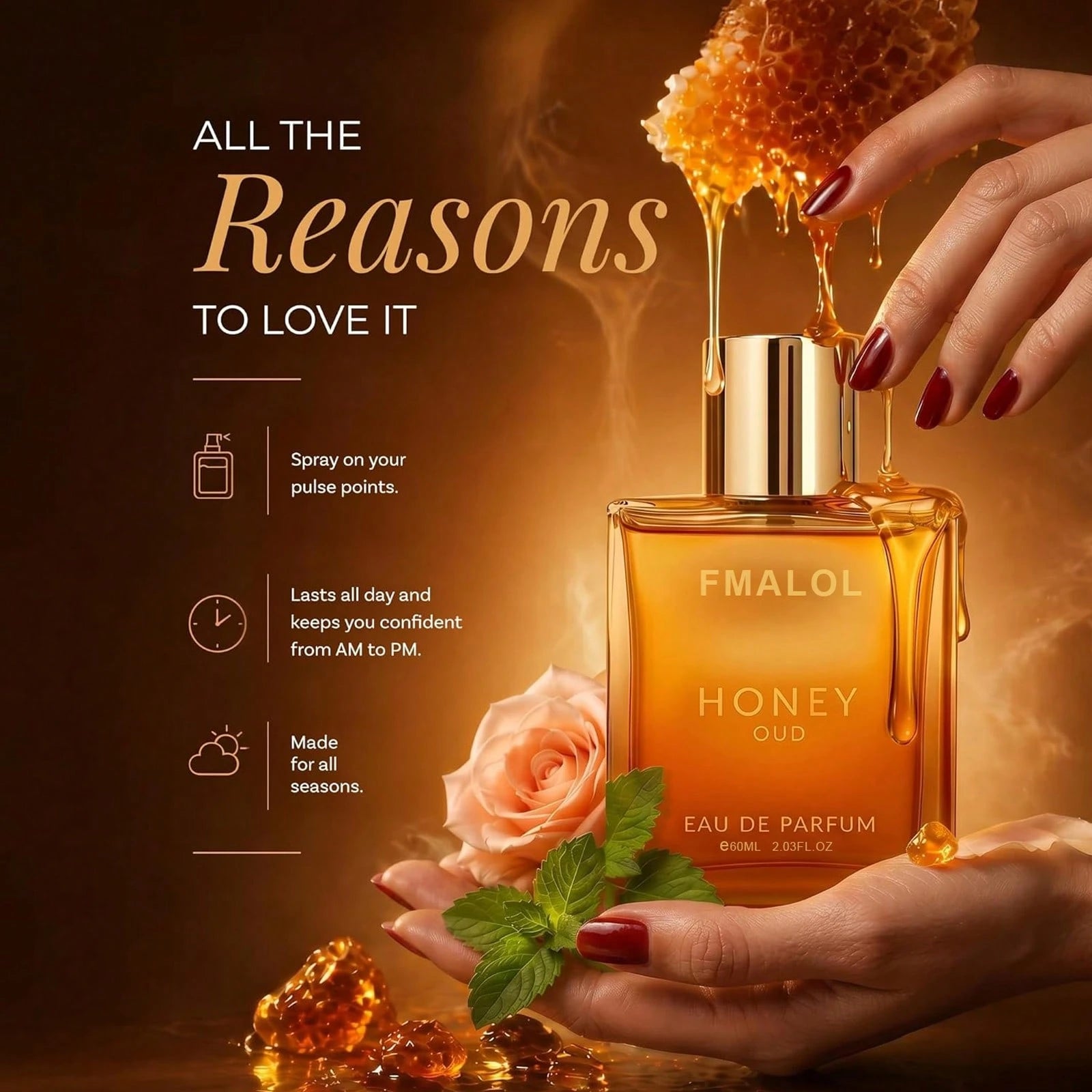 Fmalol Honey OUD Perfume For Women & Men 60ml,Vanilla, Bergamot & Patchouli Notes,Long-Lasting Arabian Unisex Perfumes For Women & Men,Floral & Spicy Cologne Honey Perfume
