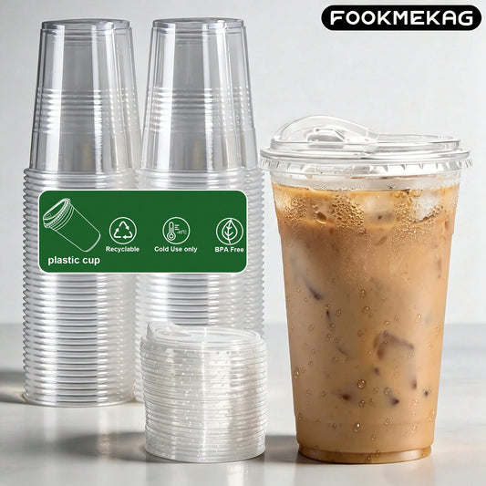 FookmeKag 100 Pcs Heavy-Duty Clear Reusable Cups, Washable And Durable, 12/16/20/24 Oz Crystal Clear Beverage Cups,Durable Heavy-Duty PET Smoothie And Iced Coffee Cups, Perfect For Cold Drinks, Ideal
