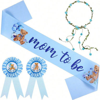 Forest Animal Theme Pregnancy Party Decorations- Maternity Sash, Daddy Badge, And Floral Crown Headband. Adorable Satin Baby Shower Sash For Gender Reveal, Party Favors, Pregnancy Props