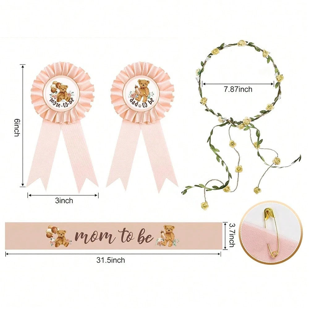 Forest Animal Theme Pregnancy Party Decorations- Maternity Sash, Daddy Badge, And Floral Crown Headband. Adorable Satin Baby Shower Sash For Gender Reveal, Party Favors, Pregnancy Props