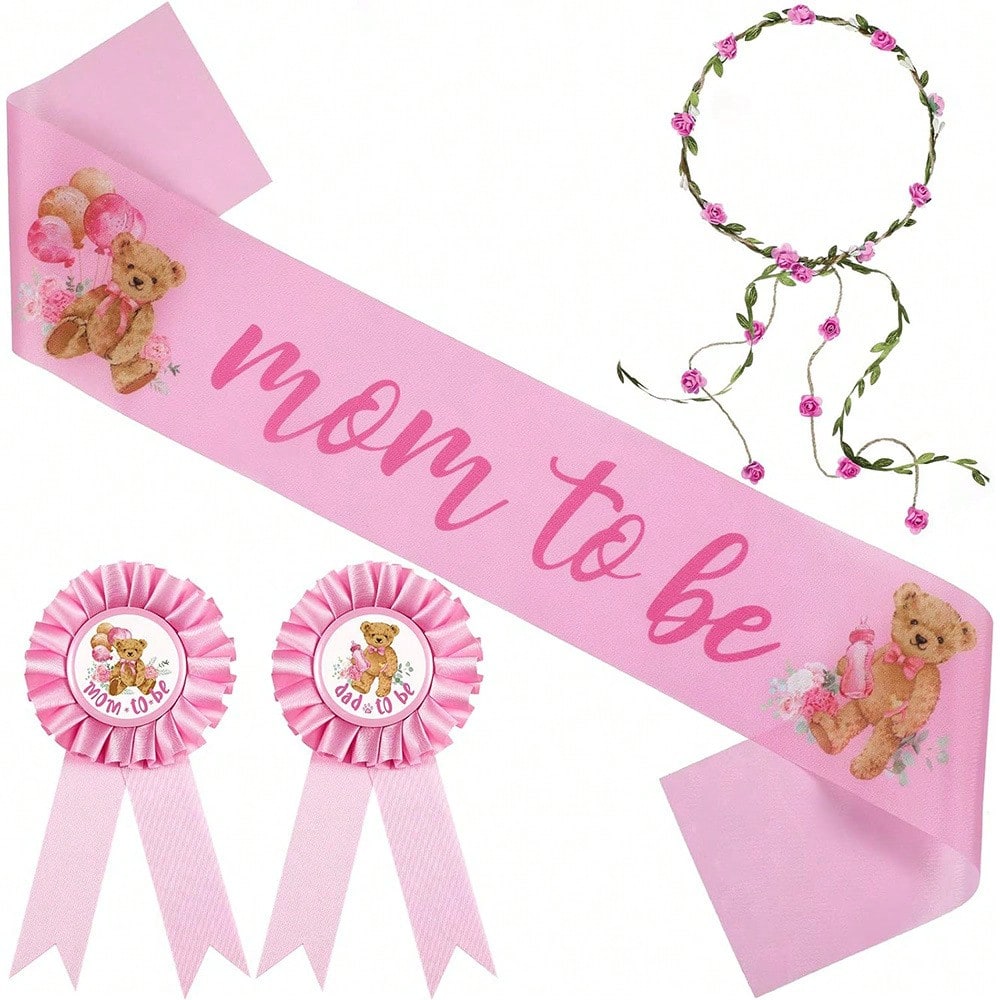 Forest Animal Theme Pregnancy Party Decorations- Maternity Sash, Daddy Badge, And Floral Crown Headband. Adorable Satin Baby Shower Sash For Gender Reveal, Party Favors, Pregnancy Props