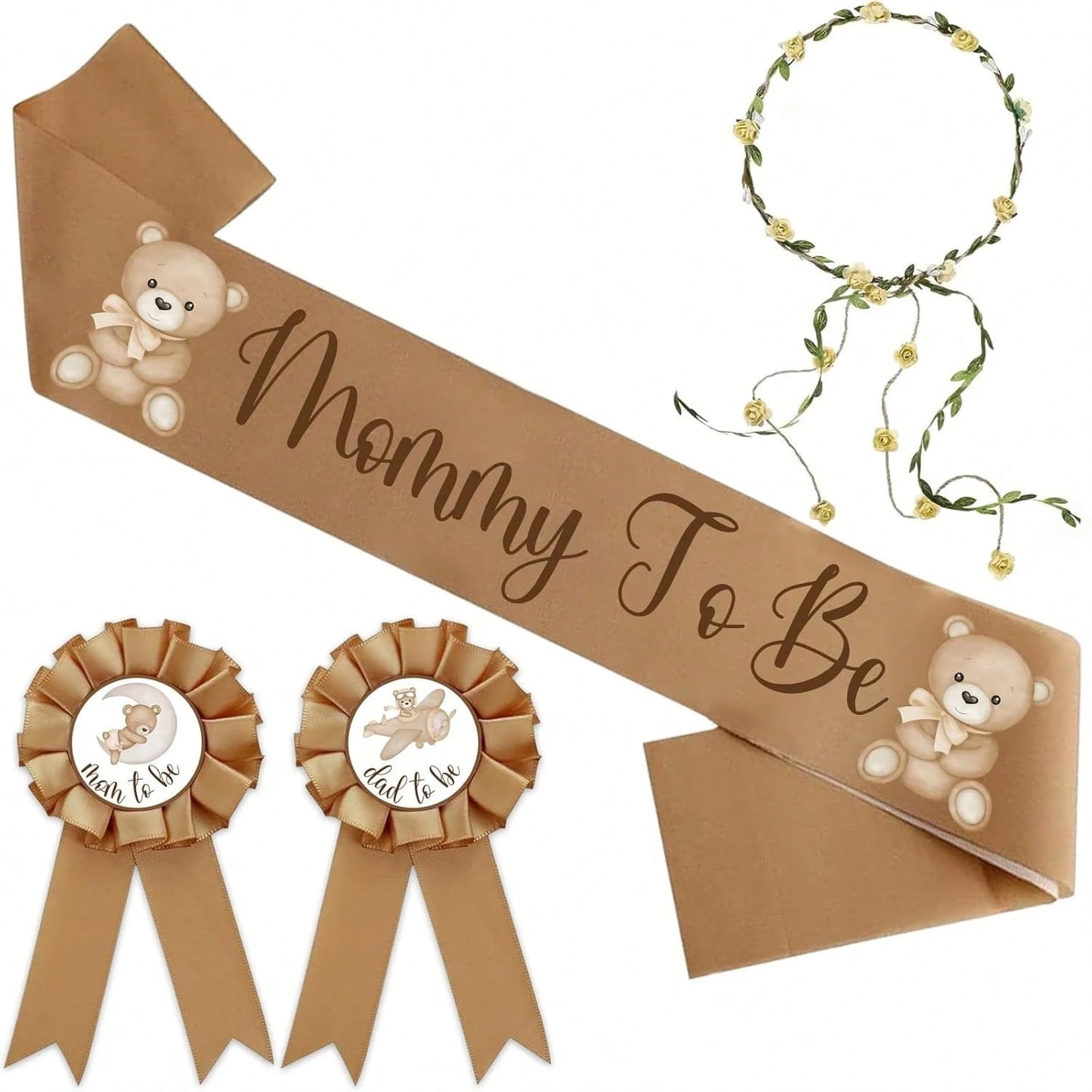 Forest Animal Theme Pregnancy Party Decorations- Maternity Sash, Daddy Badge, And Floral Crown Headband. Adorable Satin Baby Shower Sash For Gender Reveal, Party Favors, Pregnancy Props