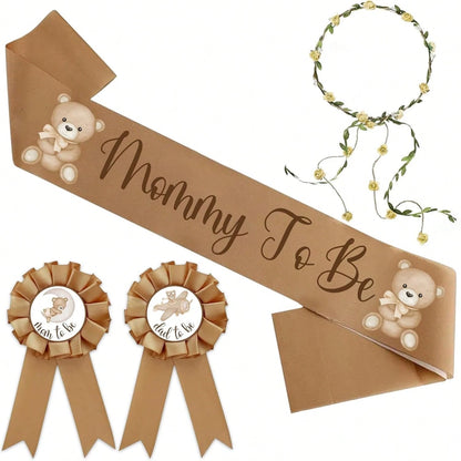 Forest Animal Theme Pregnancy Party Decorations- Maternity Sash, Daddy Badge, And Floral Crown Headband. Adorable Satin Baby Shower Sash For Gender Reveal, Party Favors, Pregnancy Props