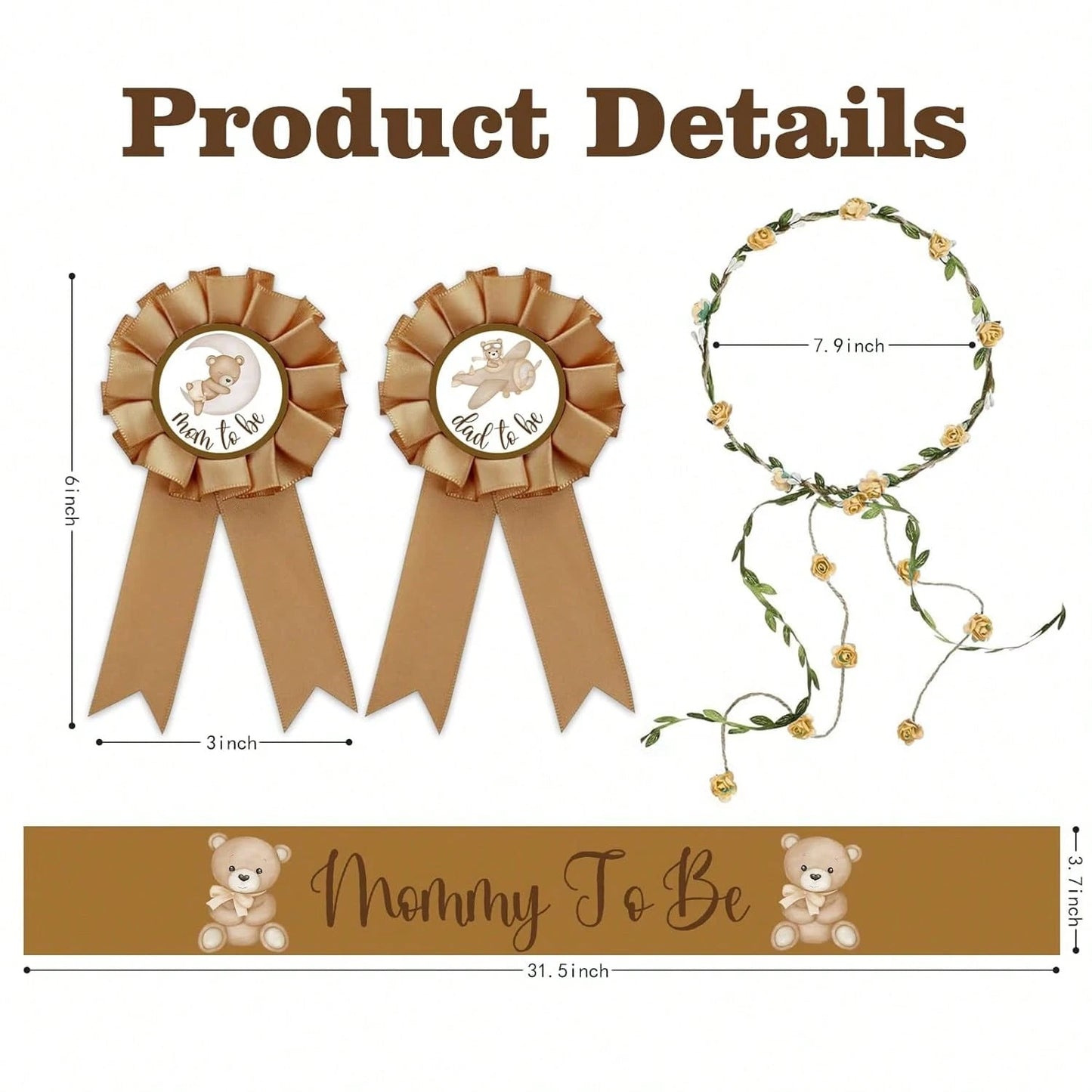 Forest Animal Theme Pregnancy Party Decorations- Maternity Sash, Daddy Badge, And Floral Crown Headband. Adorable Satin Baby Shower Sash For Gender Reveal, Party Favors, Pregnancy Props