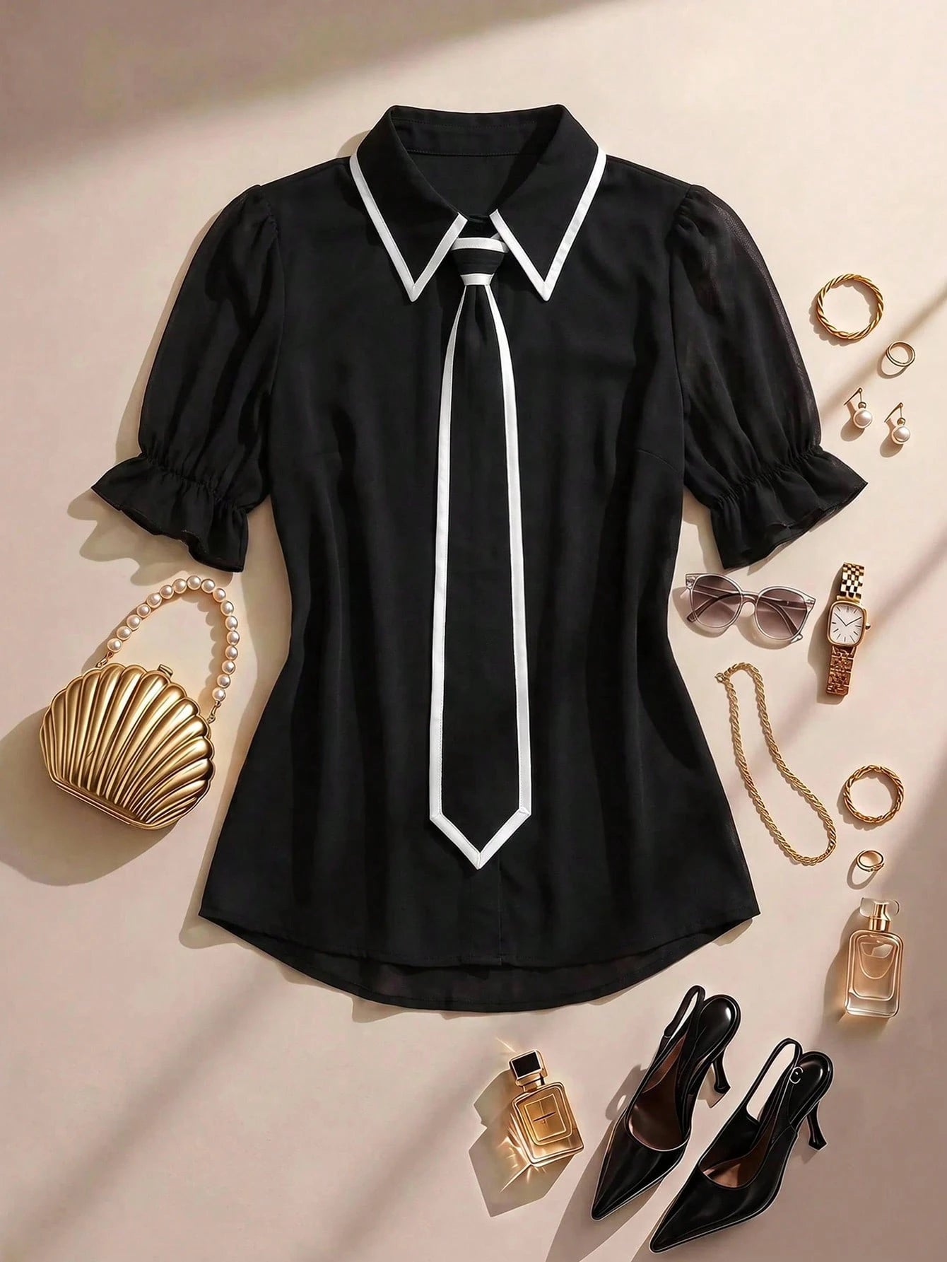 Formidée Plus Size Summer Casual Contrast Color Tie Shirt Fall