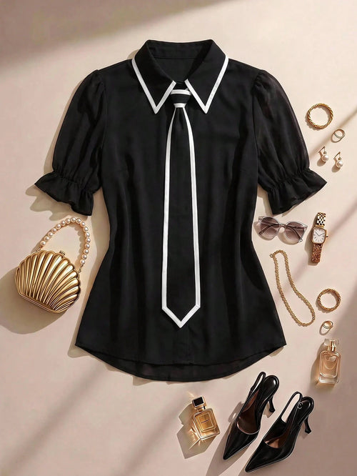 Formidée Plus Size Summer Casual Contrast Color Tie Shirt Fall