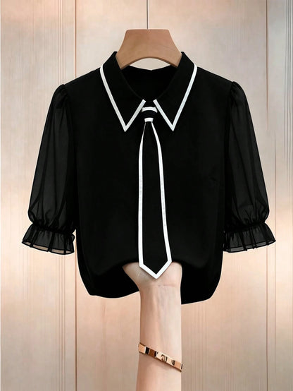 Formidée Plus Size Summer Casual Contrast Color Tie Shirt Fall
