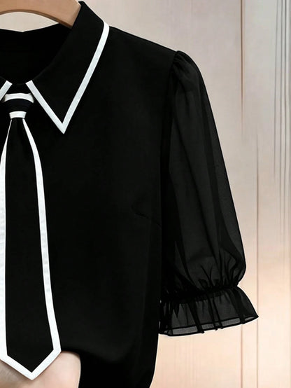 Formidée Plus Size Summer Casual Contrast Color Tie Shirt Fall