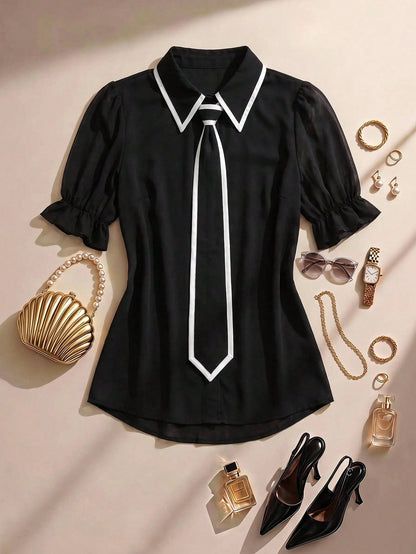 Formidée Plus Size Summer Casual Contrast Color Tie Shirt Fall