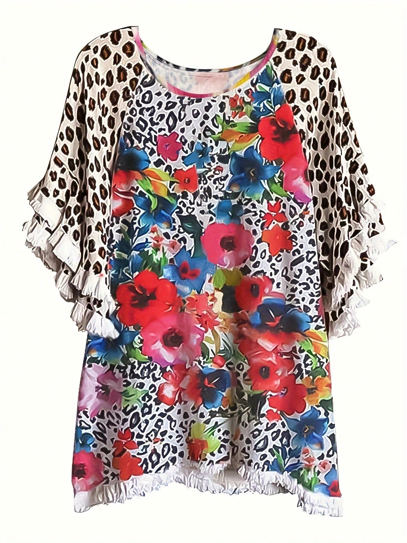 Fox Claw Plus Size Women's Casual Round Neck Half Sleeved Contrasting Pleated Lace Loose T-Shirt