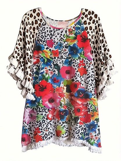 Fox Claw Plus Size Women's Casual Round Neck Half Sleeved Contrasting Pleated Lace Loose T-Shirt