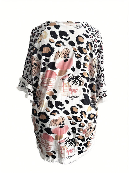 Fox Claw Plus Size Women's Casual Round Neck Half Sleeved Contrasting Pleated Lace Loose T-Shirt