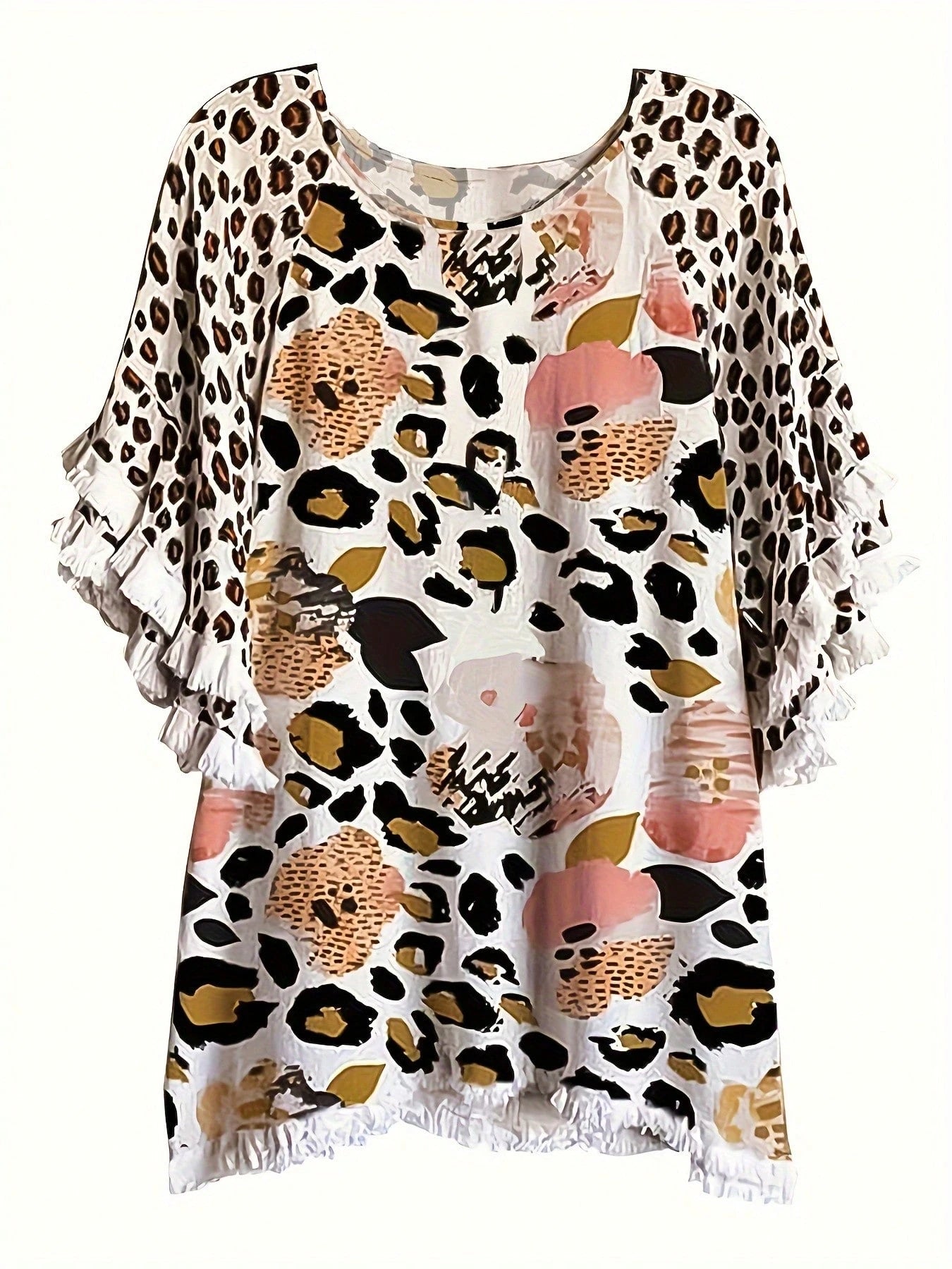 Fox Claw Plus Size Women's Casual Round Neck Half Sleeved Contrasting Pleated Lace Loose T-Shirt