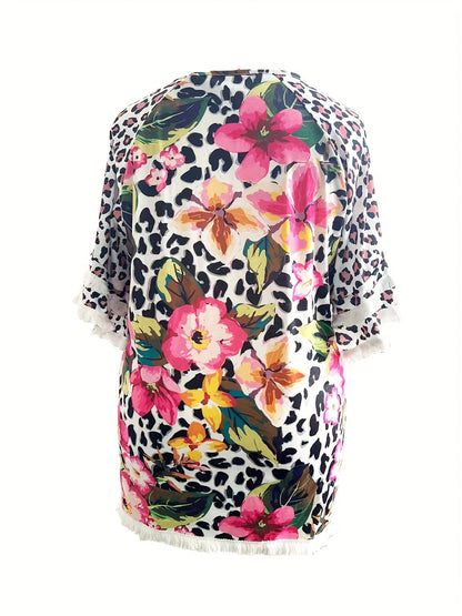 Fox Claw Plus Size Women's Casual Round Neck Half Sleeved Contrasting Pleated Lace Loose T-Shirt