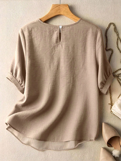Franclia 2026 New Summer Women Blouse, Khaki, Elegant, Everyday, Work, Lace Trim Dyed Patchwork, Puff Sleeve, Loose Fit, Round Neck, Short Sleeve, Casual Spring