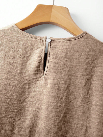 Franclia 2026 New Summer Women Blouse, Khaki, Elegant, Everyday, Work, Lace Trim Dyed Patchwork, Puff Sleeve, Loose Fit, Round Neck, Short Sleeve, Casual Spring