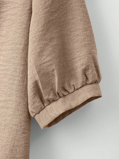 Franclia 2026 New Summer Women Blouse, Khaki, Elegant, Everyday, Work, Lace Trim Dyed Patchwork, Puff Sleeve, Loose Fit, Round Neck, Short Sleeve, Casual Spring